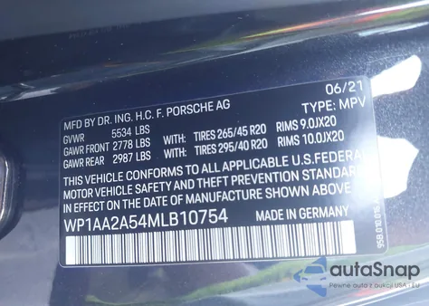 2021 Porsche Macan из США, поврежденный, VIN WP1AA2A54MLB10754